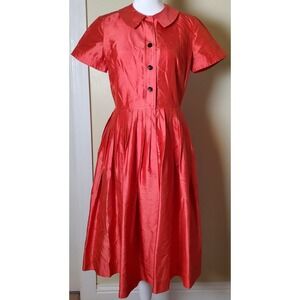 Vintage Rickie Freeman Teri Jon Silk Coral Pleated Preppy Shirt Dress Size 6‎